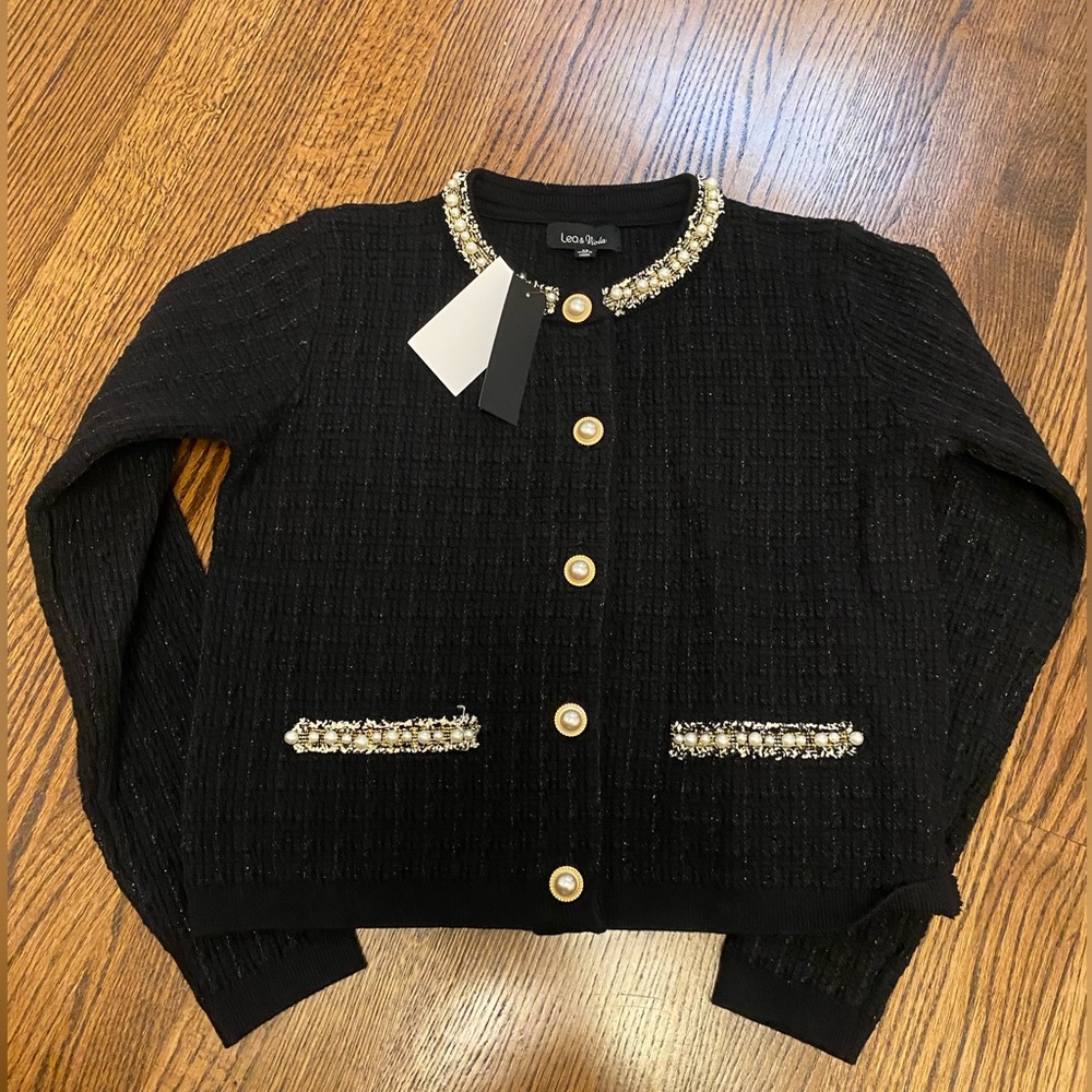Brand New Black cardigan sweater size XS with pearl and gold buttons